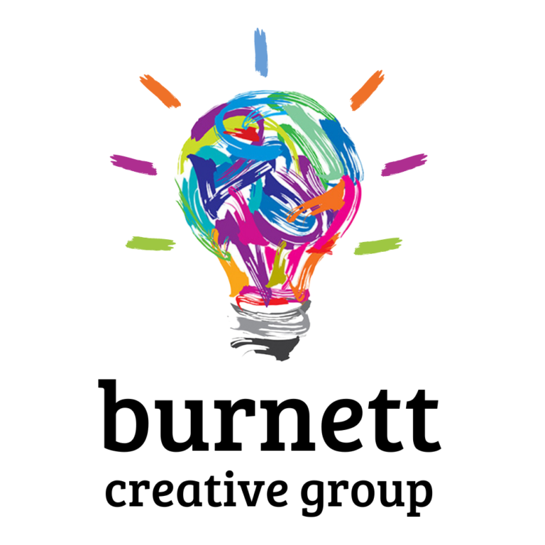 Colorful lightbulb logo with the text "burnett creative group" below it. The lightbulb is painted with vibrant brushstrokes.