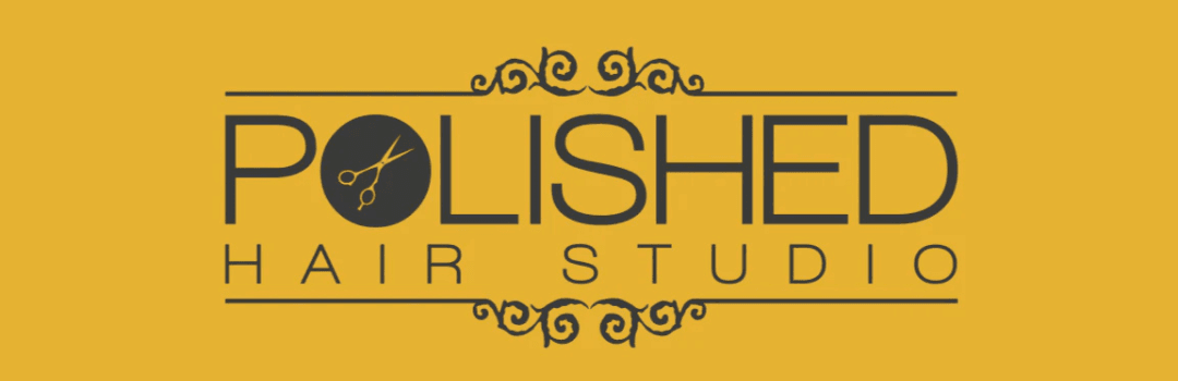 Logo for Polished Hair Studio with scissors icon on a yellow background and decorative swirls.