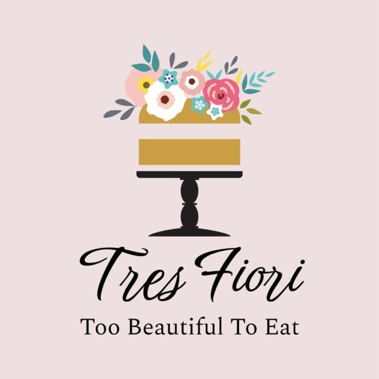 Tres Fiori Cake with floral decoration on a stand, text "Tres Fiori: Too Beautiful To Eat" on a light pink background.