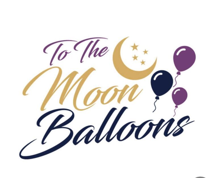 To The Moon Balloons To The Moon Balloons" logo with a crescent moon, stars, and three purple balloons on a white background.
